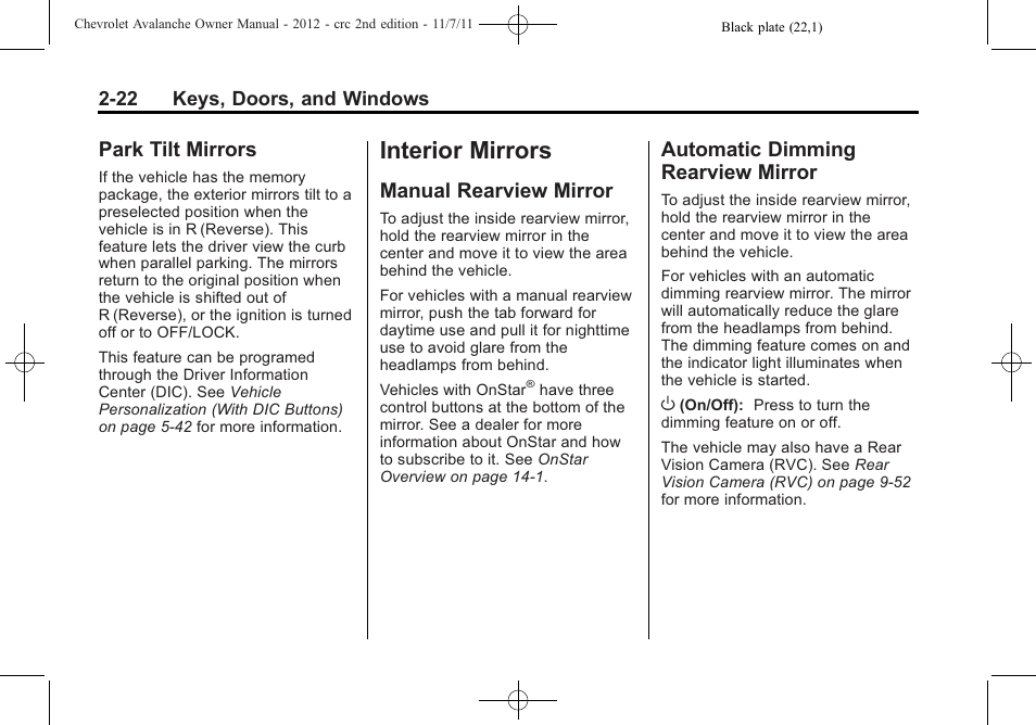Park tilt mirrors, Interior mirrors, Manual rearview mirror | Automatic dimming rearview mirror, Interior mirrors -22, Park tilt mirrors -22, Mirror -22 automatic dimming rearview, Mirror -22 | CHEVROLET 2012 Avalanche User Manual | Page 56 / 488