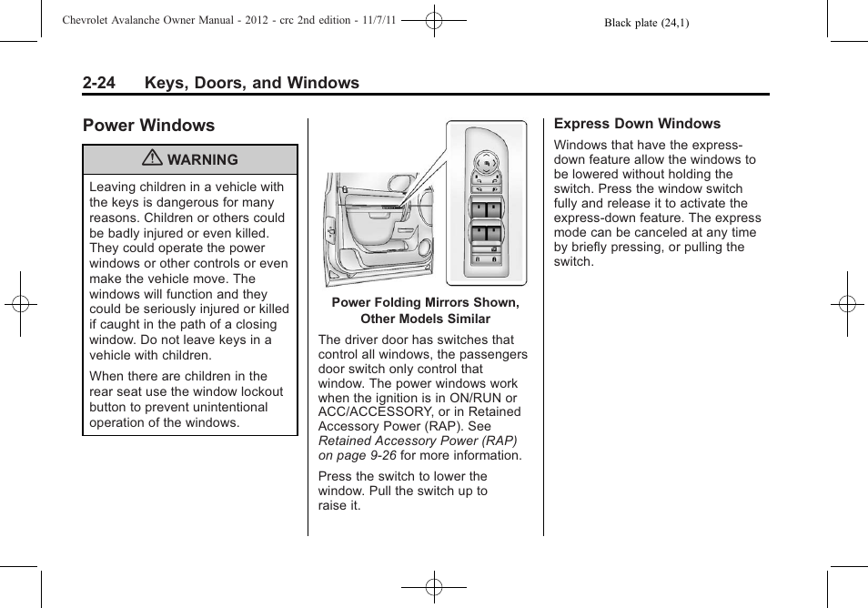 Power windows, Power windows -24 | CHEVROLET 2012 Avalanche User Manual | Page 58 / 488