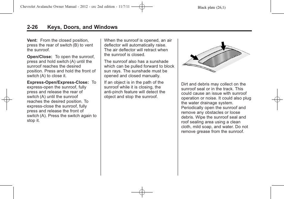 26 keys, doors, and windows | CHEVROLET 2012 Avalanche User Manual | Page 60 / 488