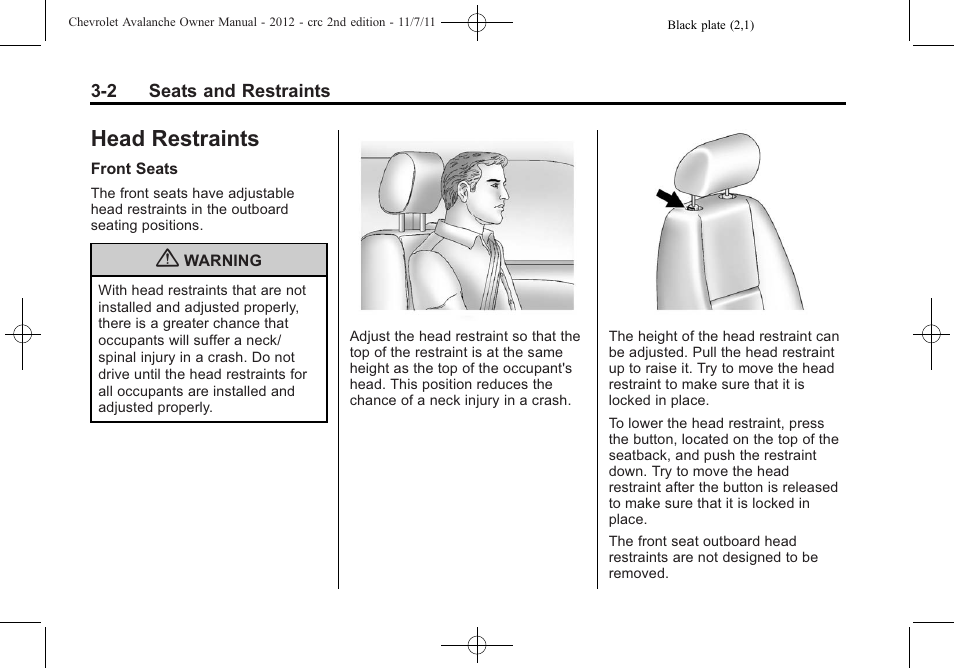 Head restraints, Head restraints -2, Airbag | CHEVROLET 2012 Avalanche User Manual | Page 62 / 488