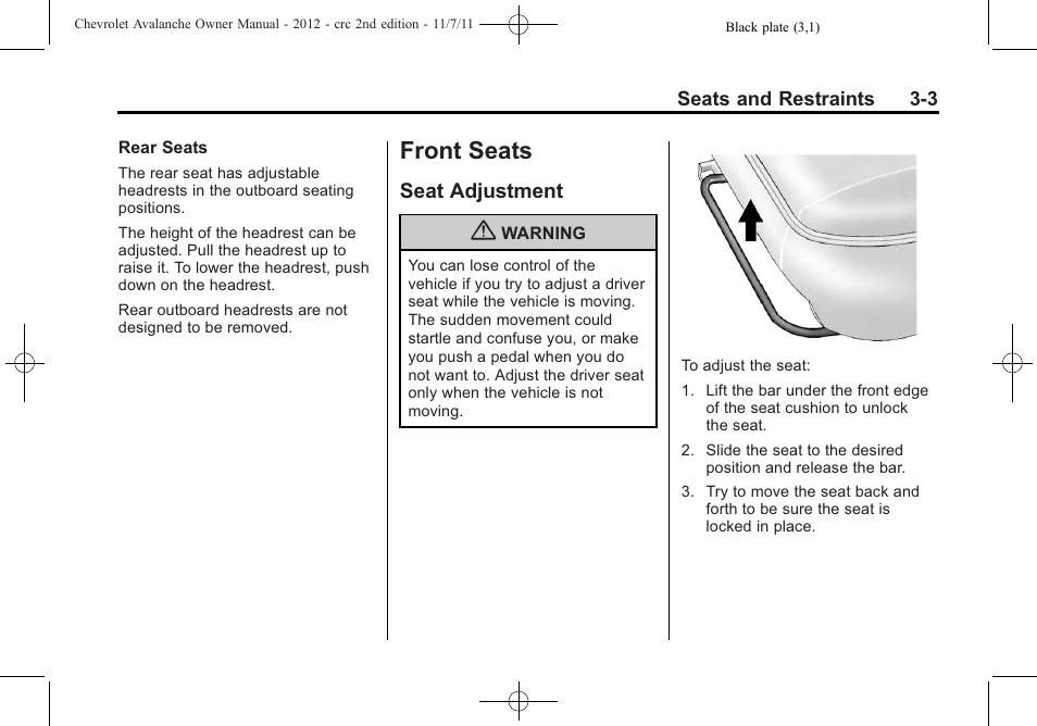 Front seats, Seat adjustment, Front seats -3 | Seat adjustment -3 | CHEVROLET 2012 Avalanche User Manual | Page 63 / 488