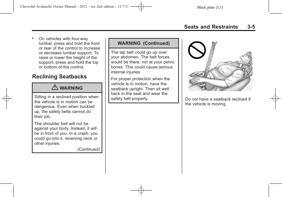 Reclining seatbacks, Reclining seatbacks -5 | CHEVROLET 2012 Avalanche User Manual | Page 65 / 488