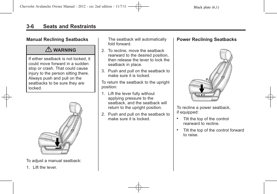 6 seats and restraints | CHEVROLET 2012 Avalanche User Manual | Page 66 / 488