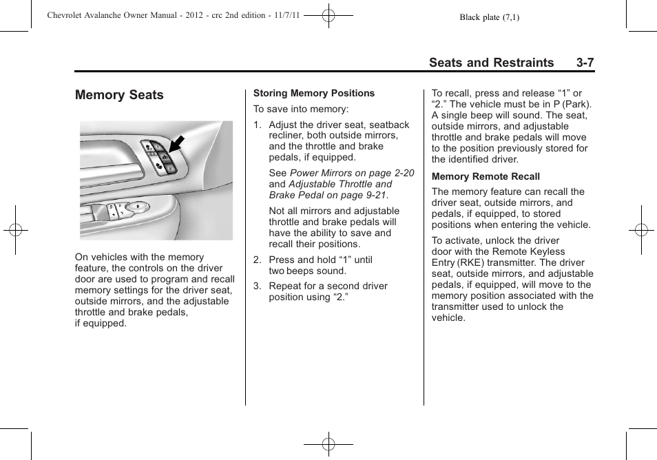 Memory seats, Memory seats -7, Seats and restraints 3-7 | CHEVROLET 2012 Avalanche User Manual | Page 67 / 488