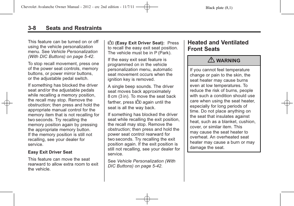 Heated and ventilated front seats, Heated and ventilated front, Seats -8 | CHEVROLET 2012 Avalanche User Manual | Page 68 / 488