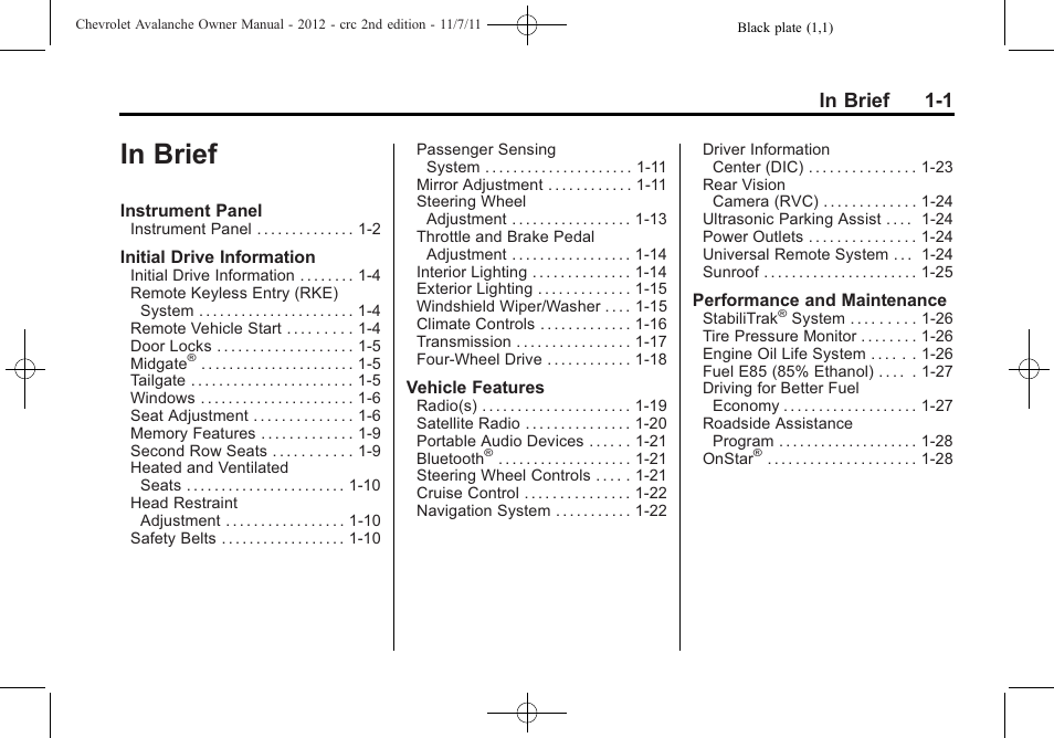 In brief, In brief -1 | CHEVROLET 2012 Avalanche User Manual | Page 7 / 488