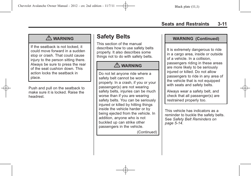 Safety belts, Safety belts -11, Infotainment system | CHEVROLET 2012 Avalanche User Manual | Page 71 / 488