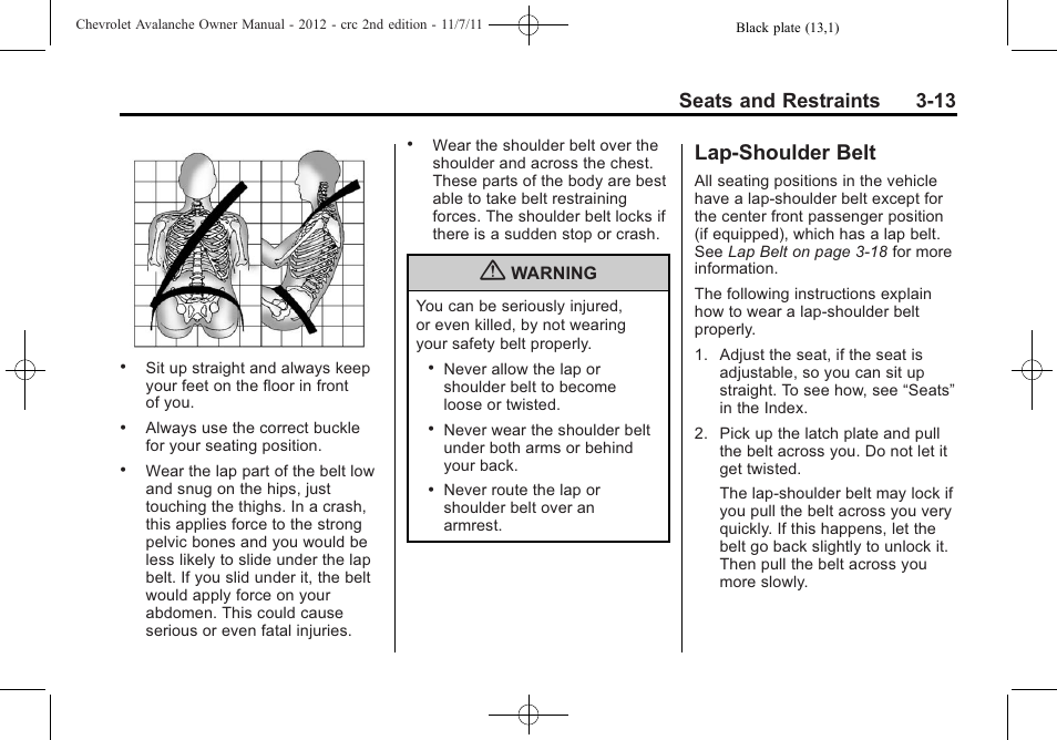 Lap-shoulder belt, Lap-shoulder belt -13, Parts | Seats and restraints 3-13 | CHEVROLET 2012 Avalanche User Manual | Page 73 / 488