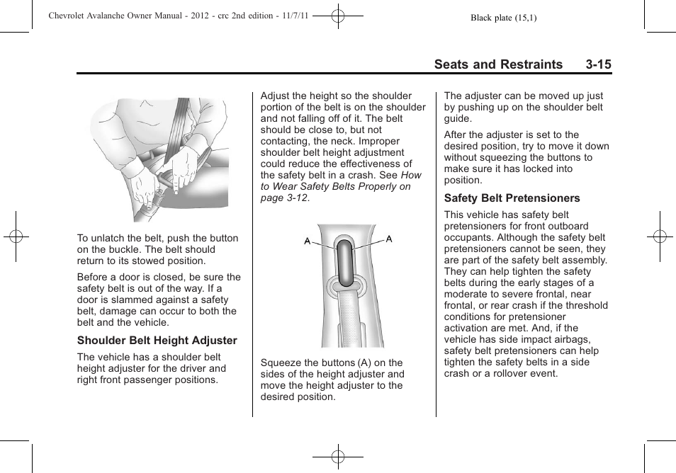 Seats and restraints 3-15 | CHEVROLET 2012 Avalanche User Manual | Page 75 / 488