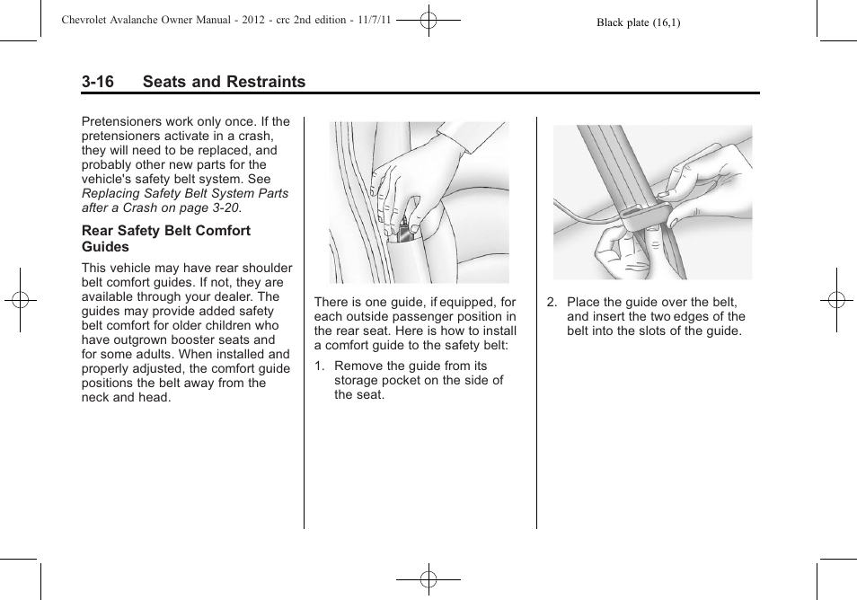 16 seats and restraints | CHEVROLET 2012 Avalanche User Manual | Page 76 / 488