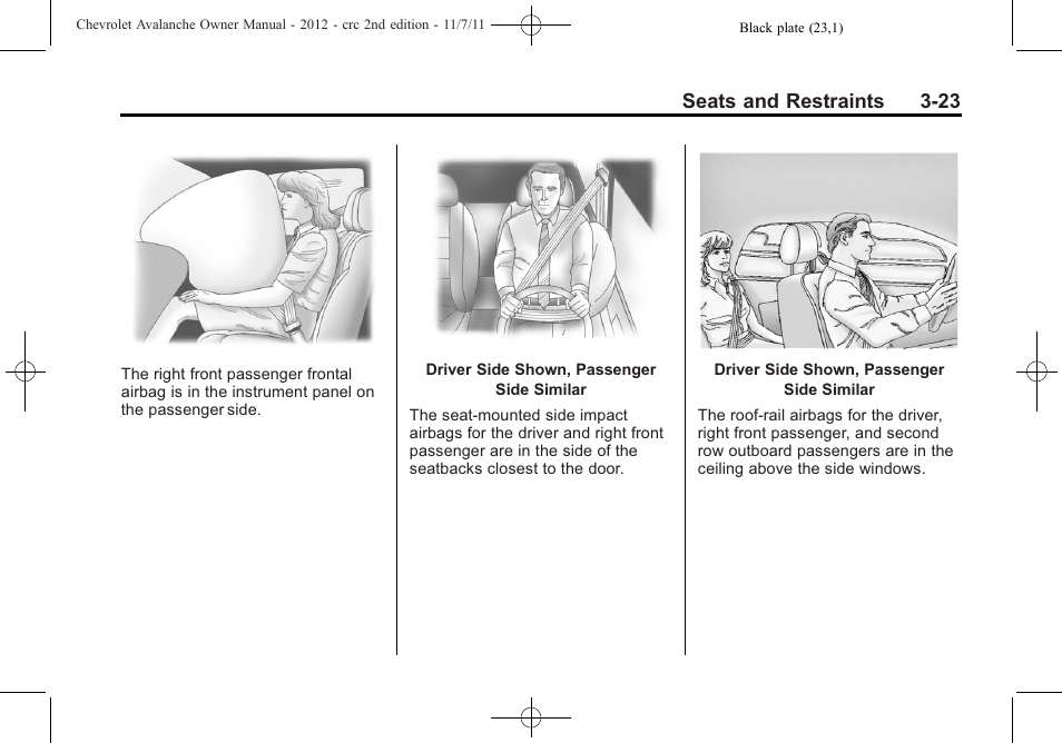 Seats and restraints 3-23 | CHEVROLET 2012 Avalanche User Manual | Page 83 / 488