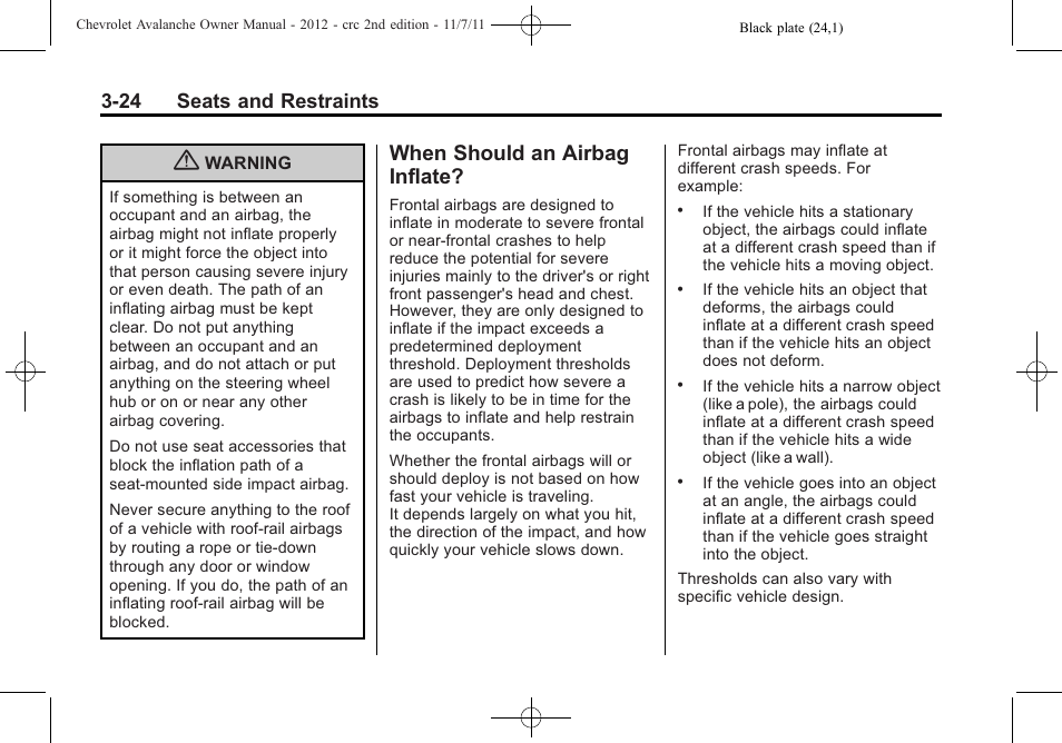 When should an airbag inflate, When should an airbag, Inflate? -24 | 24 seats and restraints | CHEVROLET 2012 Avalanche User Manual | Page 84 / 488