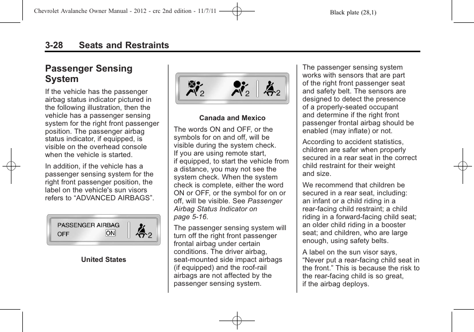 Passenger sensing system, Passenger sensing, System -28 | Position) | CHEVROLET 2012 Avalanche User Manual | Page 88 / 488