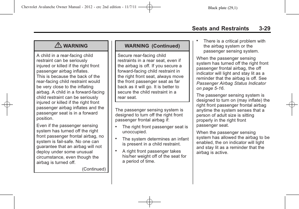 Seats and restraints 3-29 | CHEVROLET 2012 Avalanche User Manual | Page 89 / 488