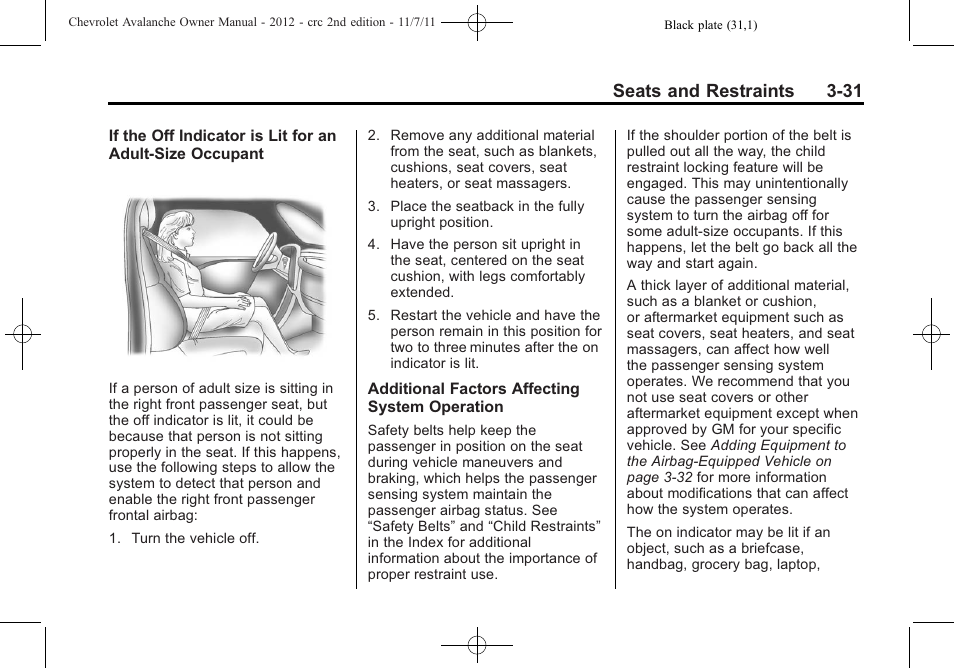 Seats and restraints 3-31 | CHEVROLET 2012 Avalanche User Manual | Page 91 / 488