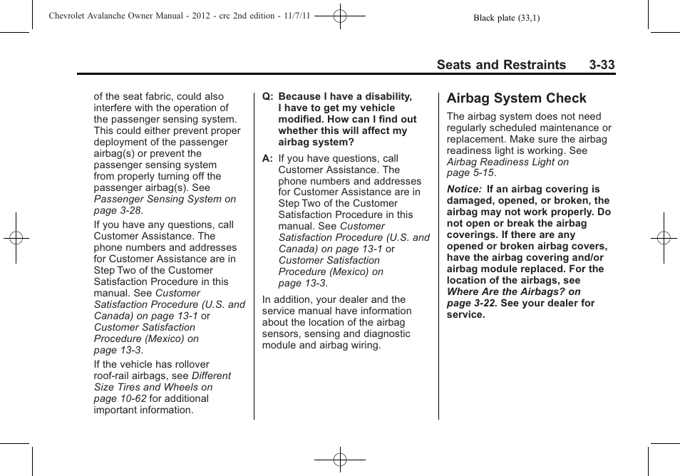 Airbag system check, Airbag system check -33 | CHEVROLET 2012 Avalanche User Manual | Page 93 / 488