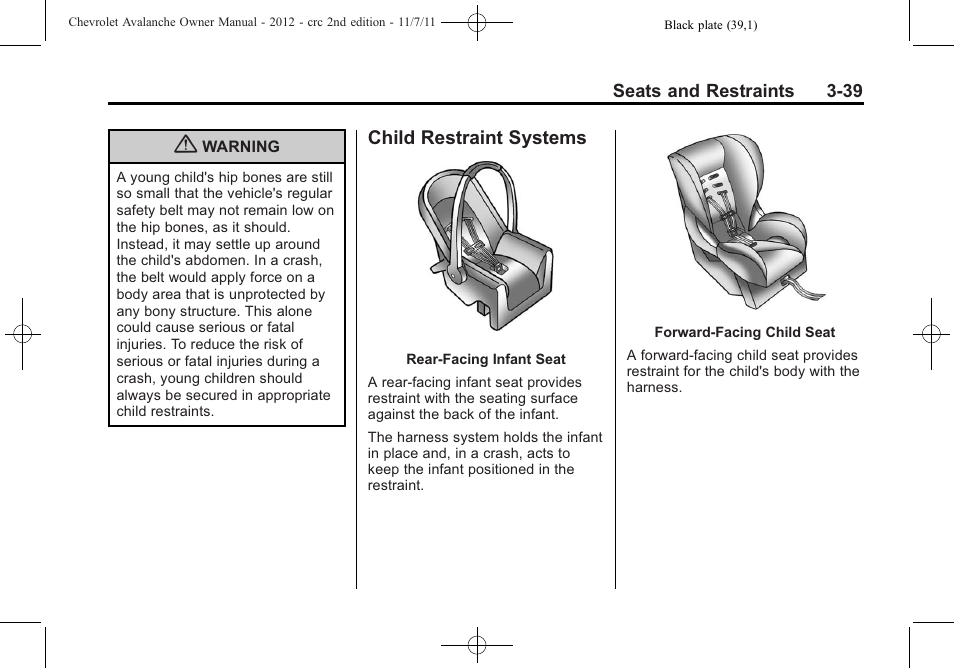 Child restraint systems, Child restraint systems -39 | CHEVROLET 2012 Avalanche User Manual | Page 99 / 488