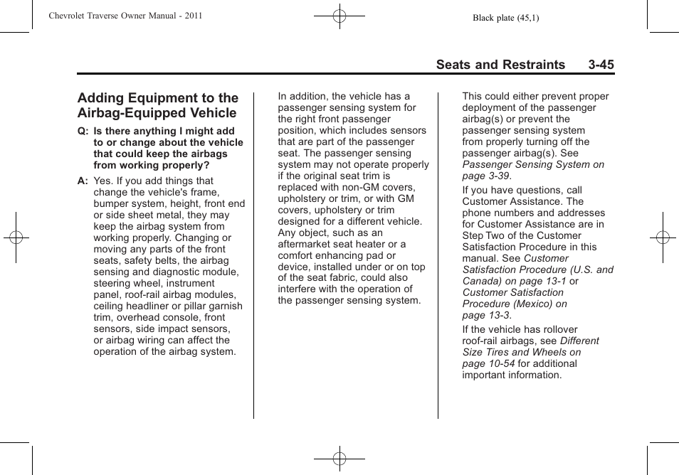 Adding equipment to the airbag-equipped vehicle, Adding equipment to the, Airbag-equipped vehicle -45 | CHEVROLET 2011 Traverse User Manual | Page 101 / 452