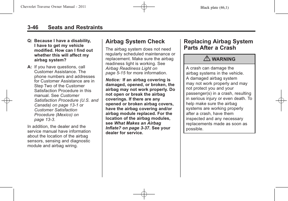 Airbag system check, Replacing airbag system parts after a crash, Airbag system check -46 replacing airbag system | After a crash -46 | CHEVROLET 2011 Traverse User Manual | Page 102 / 452