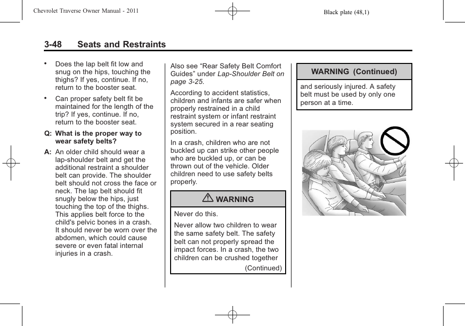 48 seats and restraints | CHEVROLET 2011 Traverse User Manual | Page 104 / 452