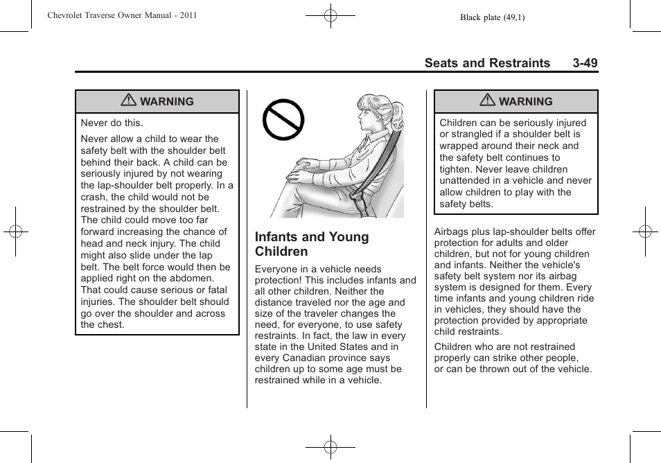 Infants and young children, Infants and young, Children -49 | CHEVROLET 2011 Traverse User Manual | Page 105 / 452