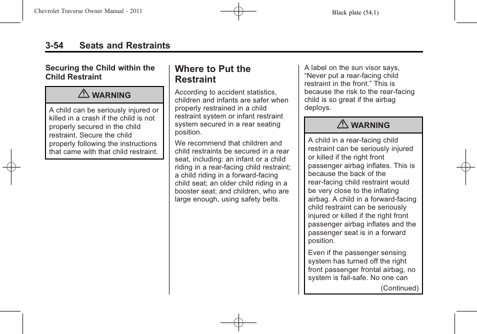 Where to put the restraint, Where to put the restraint -54 | CHEVROLET 2011 Traverse User Manual | Page 110 / 452