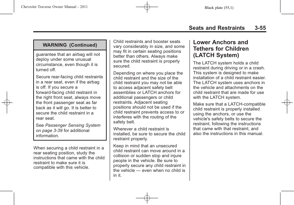 Lower anchors and tethers, For children (latch system) -55 | CHEVROLET 2011 Traverse User Manual | Page 111 / 452