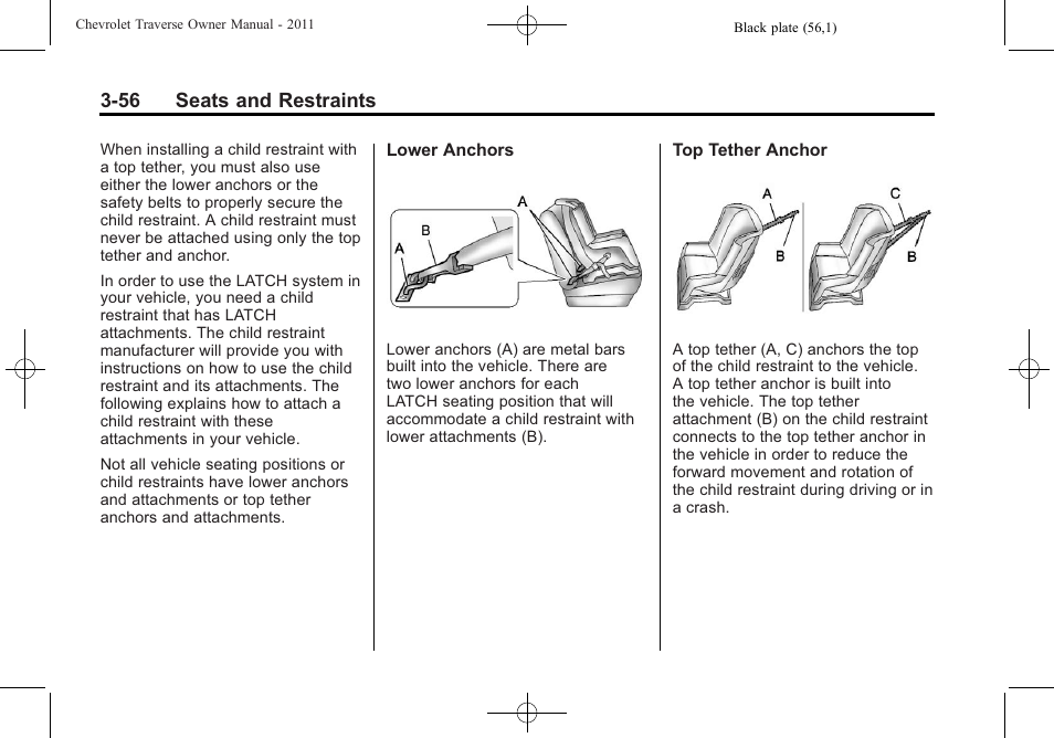 56 seats and restraints | CHEVROLET 2011 Traverse User Manual | Page 112 / 452