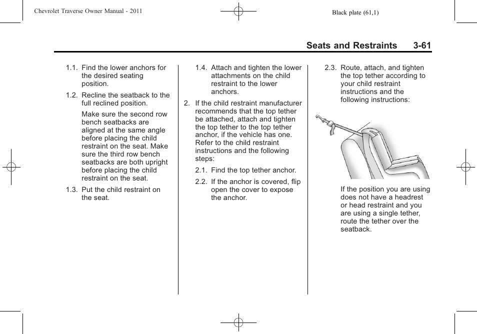 Seats and restraints 3-61 | CHEVROLET 2011 Traverse User Manual | Page 117 / 452