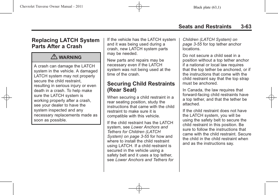 Replacing latch system parts after a crash, Securing child restraints (rear seat), Replacing latch system | Parts after a crash -63, Securing child restraints, Rear seat) -63 | CHEVROLET 2011 Traverse User Manual | Page 119 / 452