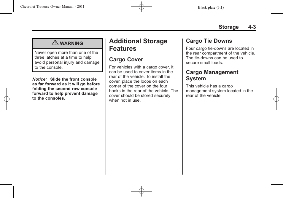 Additional storage features, Cargo cover, Cargo tie downs | Cargo management system | CHEVROLET 2011 Traverse User Manual | Page 127 / 452