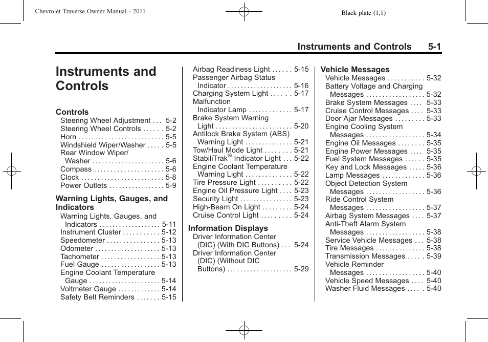 Instruments and controls, Instruments and controls 5-1 | CHEVROLET 2011 Traverse User Manual | Page 131 / 452