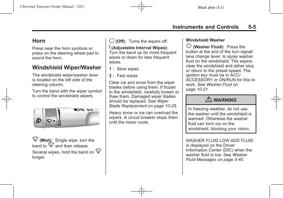 Horn, Windshield wiper/washer, Horn -5 windshield wiper/washer -5 | CHEVROLET 2011 Traverse User Manual | Page 135 / 452