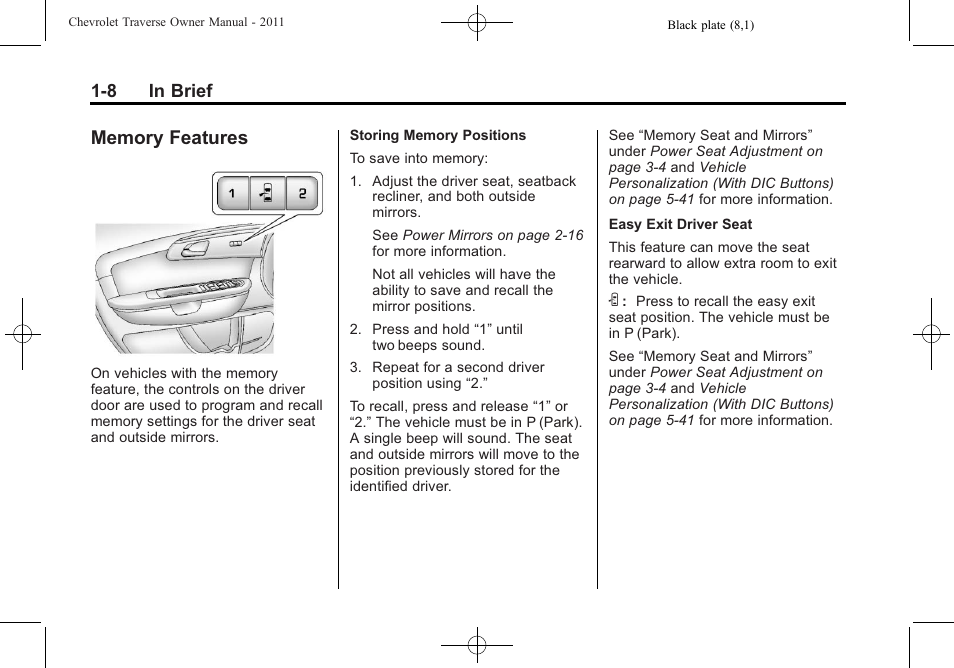 Memory features, Memory features -8 | CHEVROLET 2011 Traverse User Manual | Page 14 / 452