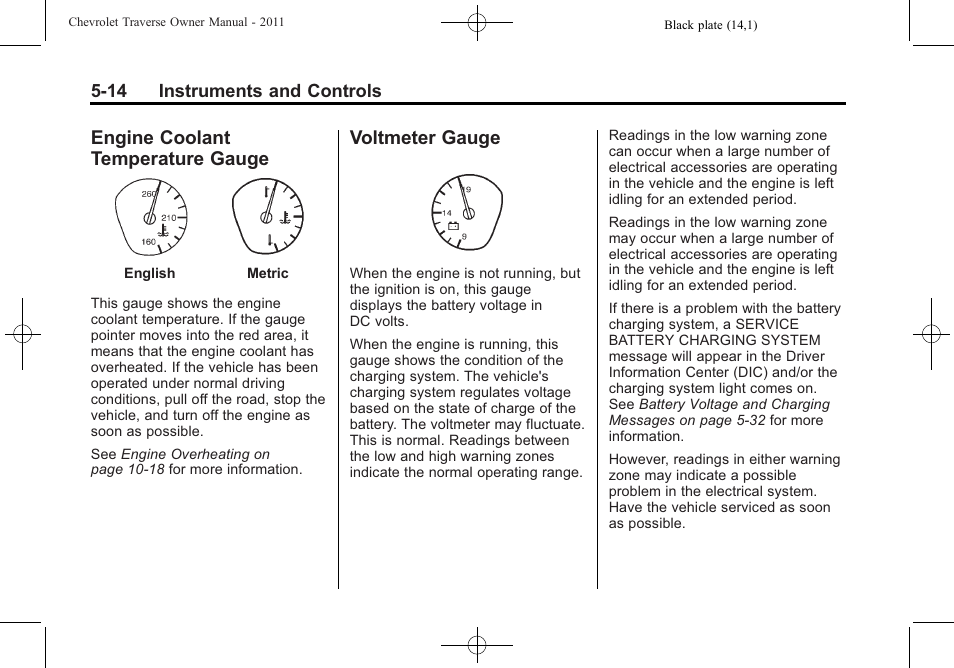 Engine coolant temperature gauge, Voltmeter gauge, Engine coolant temperature | Gauge -14, Voltmeter gauge -14 | CHEVROLET 2011 Traverse User Manual | Page 144 / 452