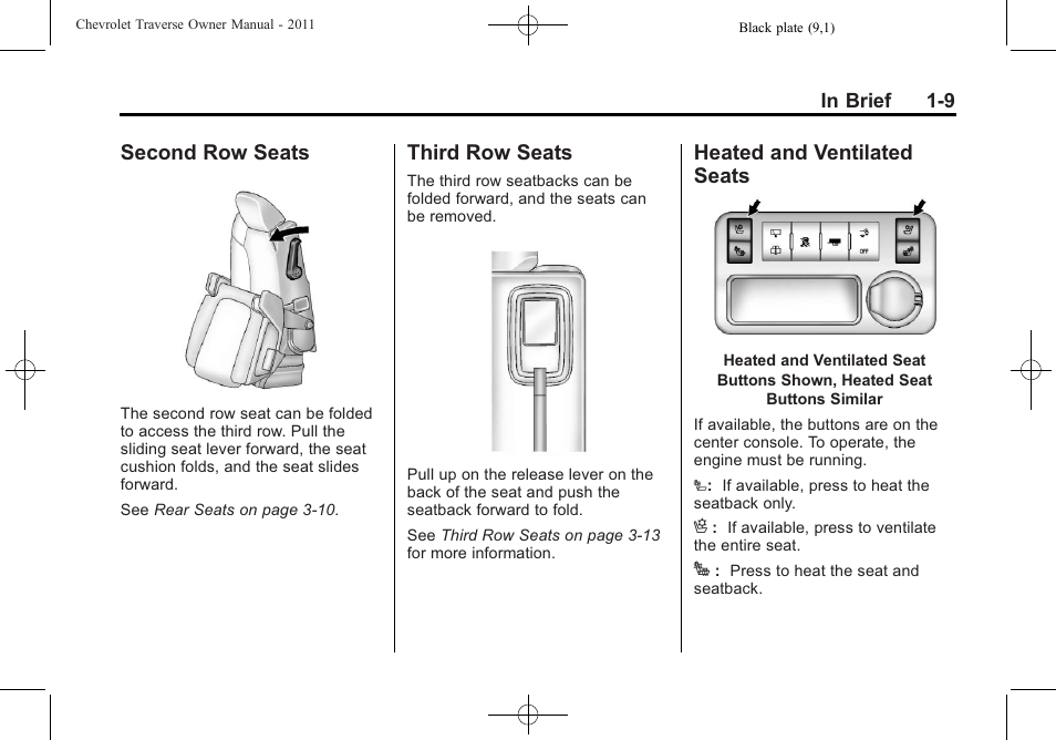 Second row seats, Third row seats, Heated and ventilated seats | Seats -9 | CHEVROLET 2011 Traverse User Manual | Page 15 / 452