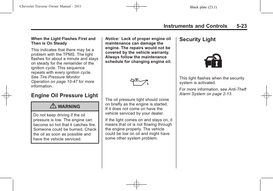 Engine oil pressure light, Security light, Engine oil pressure light -23 security light -23 | CHEVROLET 2011 Traverse User Manual | Page 153 / 452