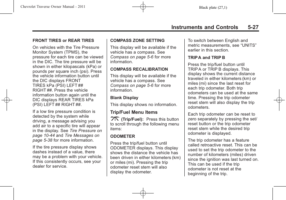 Instruments and controls 5-27 | CHEVROLET 2011 Traverse User Manual | Page 157 / 452