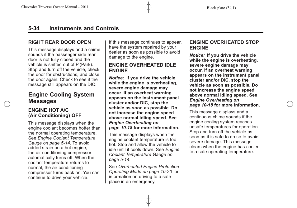 Engine cooling system messages, Engine cooling system, Messages -34 | CHEVROLET 2011 Traverse User Manual | Page 164 / 452