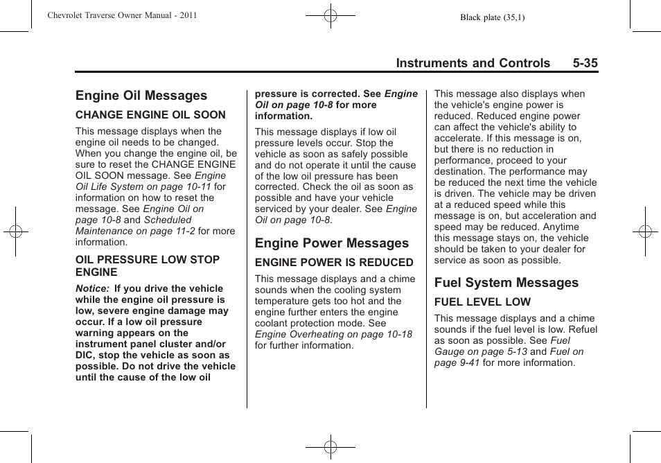 Engine oil messages, Engine power messages, Fuel system messages | CHEVROLET 2011 Traverse User Manual | Page 165 / 452