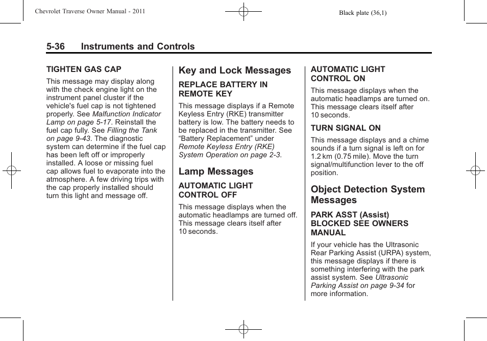 Key and lock messages, Lamp messages, Object detection system messages | Messages -36 | CHEVROLET 2011 Traverse User Manual | Page 166 / 452