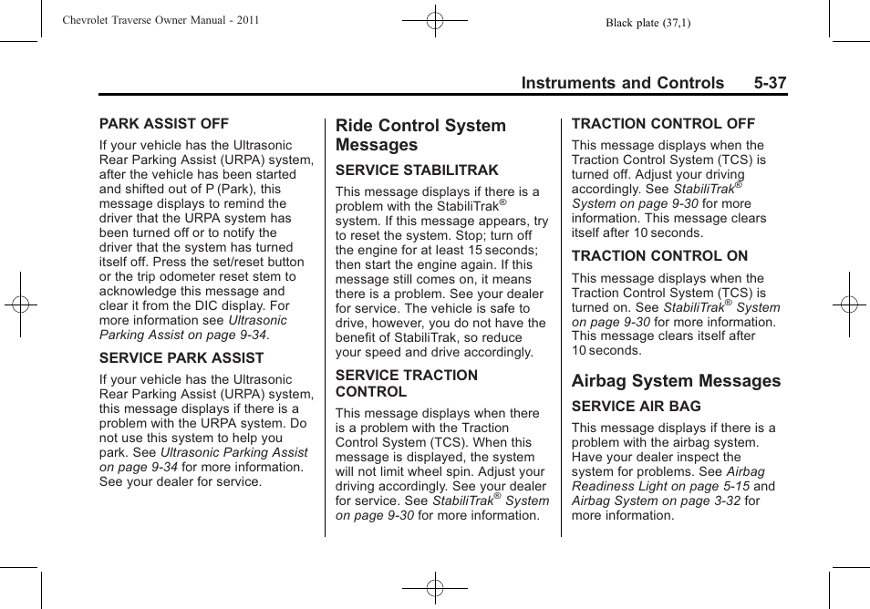 Ride control system messages, Airbag system messages, Ride control system | Messages -37, Airbag system messages -37, Instruments and controls 5-37 | CHEVROLET 2011 Traverse User Manual | Page 167 / 452