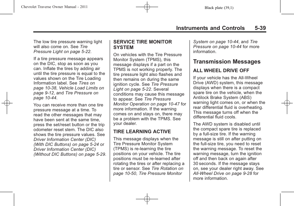 Transmission messages, Transmission messages -39 | CHEVROLET 2011 Traverse User Manual | Page 169 / 452