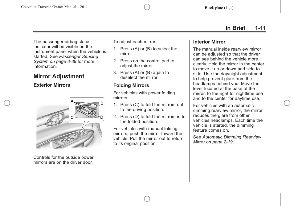 Mirror adjustment, Mirror adjustment -11, Performance | CHEVROLET 2011 Traverse User Manual | Page 17 / 452
