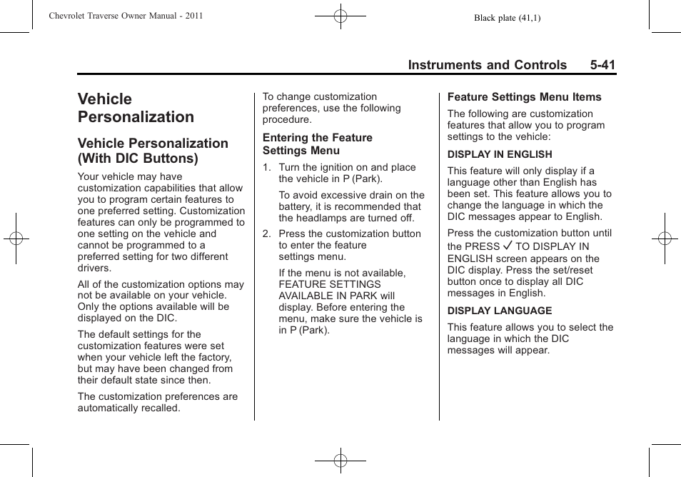 Vehicle personalization, Vehicle personalization (with dic buttons), Brakes | Vehicle personalization (with, Dic buttons) -41 | CHEVROLET 2011 Traverse User Manual | Page 171 / 452