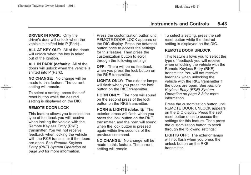 Instruments and controls 5-43 | CHEVROLET 2011 Traverse User Manual | Page 173 / 452