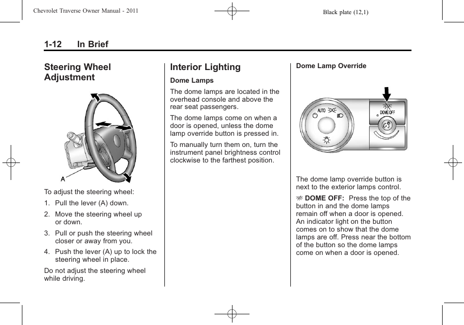 Steering wheel adjustment, Interior lighting, Steering wheel | Adjustment -12, Interior lighting -12 | CHEVROLET 2011 Traverse User Manual | Page 18 / 452