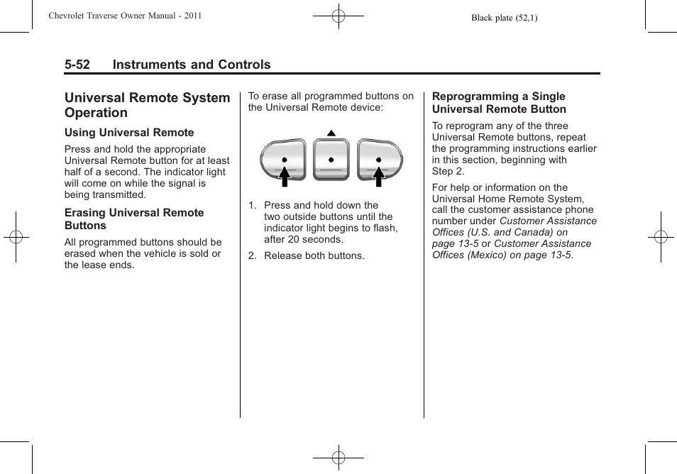 Universal remote system operation, Universal remote system, Operation -52 | CHEVROLET 2011 Traverse User Manual | Page 182 / 452