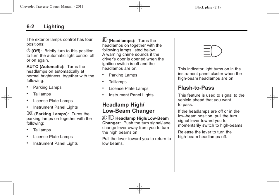 Headlamp high/low-beam changer, Flash-to-pass, Headlamp high/low-beam | Changer -2, Flash-to-pass -2, Headlamp high/ low-beam changer 2 3, 2 lighting | CHEVROLET 2011 Traverse User Manual | Page 184 / 452