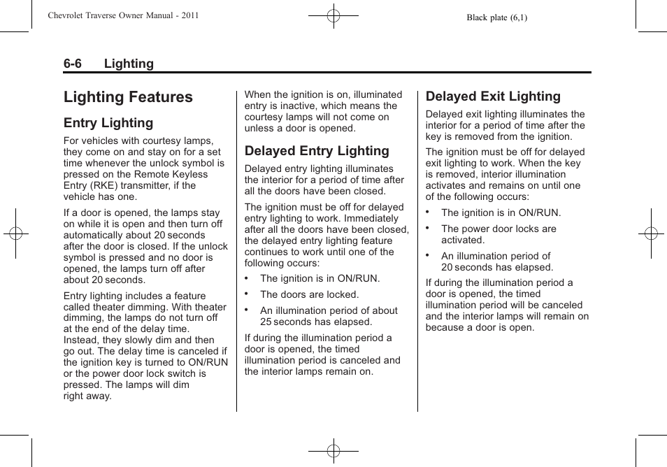 Lighting features, Entry lighting, Delayed entry lighting | Delayed exit lighting, Lighting features -6, Conversions, 6 lighting | CHEVROLET 2011 Traverse User Manual | Page 188 / 452